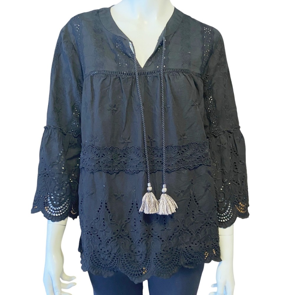 Knox Rose Black Boho Embroidered ¾ Length Bell Sleeves Shirt – Womens Size XL